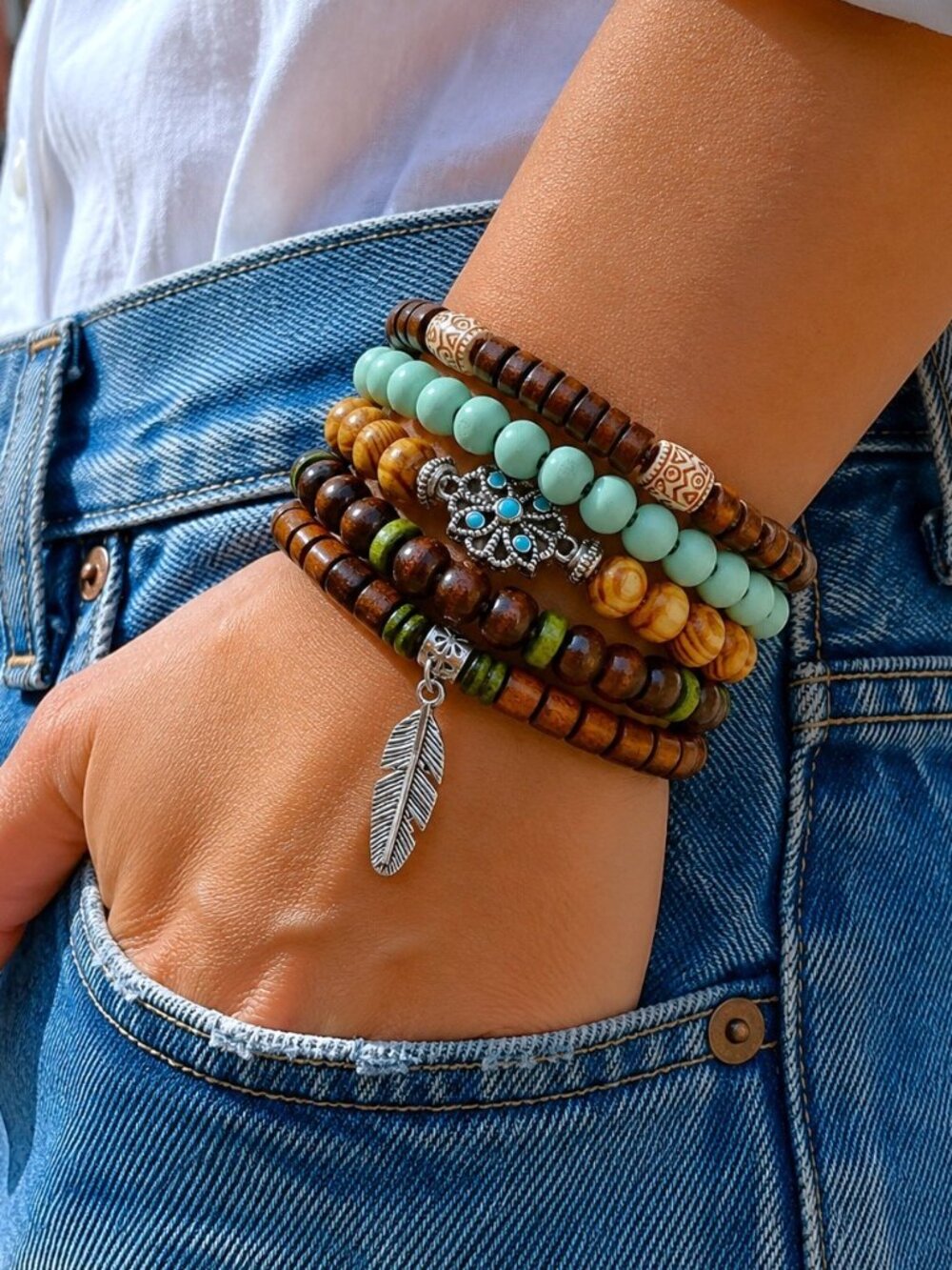 Boho Wood & Turquoise Beaded Bracelet Stack Set w/ Feather Charm